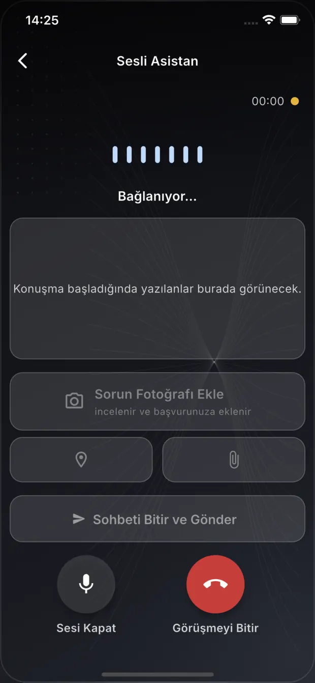 Asistbel sesli asistan ekranı bağlanıyor durumunda; ses dalgası göstergesi ve görüşme süresi sayacı.