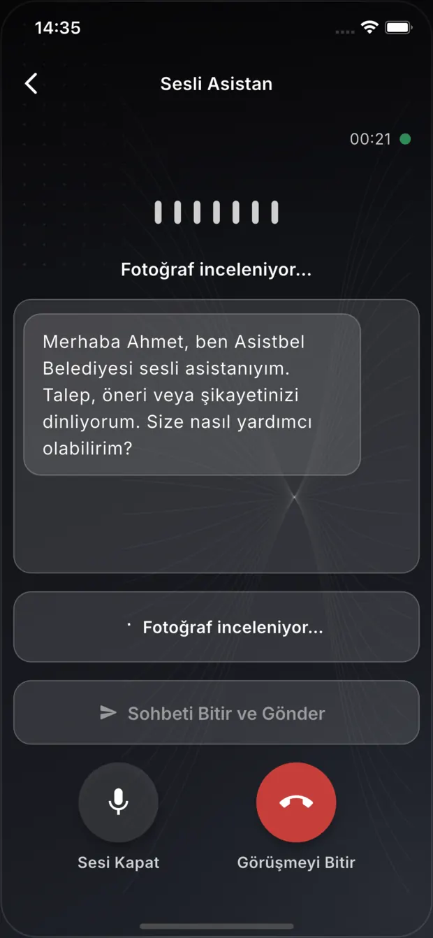 Asistbel sesli asistanının vatandaşı karşıladığı ekran: talep, öneri veya şikâyeti dinlediğini belirten karşılama metni.