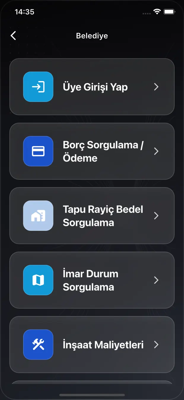 Asistbel Belediye menüsü: Üye Girişi Yap, Borç Sorgulama ve Ödeme, Tapu Rayiç Bedel Sorgulama, İmar Durum Sorgulama ve İnşaat Maliyetleri hizmetleri.