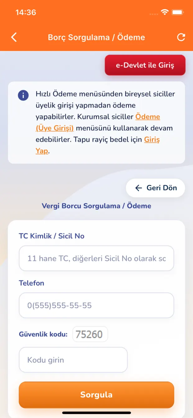 Asistbel içinde açılan belediye borç sorgulama ve ödeme ekranı; e-Devlet ile giriş seçeneği ve vergi borcu sorgulama formu.