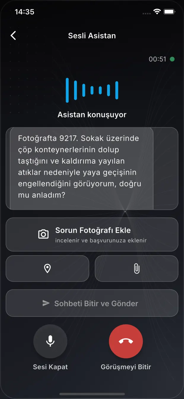 Asistbel fotoğraf analizi sonucu: çekilen fotoğraftan sokak üzerinde taşan çöp konteynerlerinin ve engellenen yaya geçişinin tespit edildiğini gösteren ekran.
