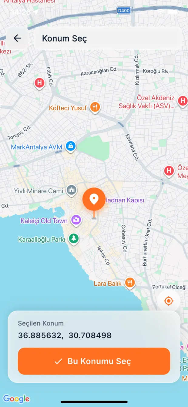 Asistbel uygulamasında harita üzerinden konum seçimi ve seçilen konumun onaylanması.