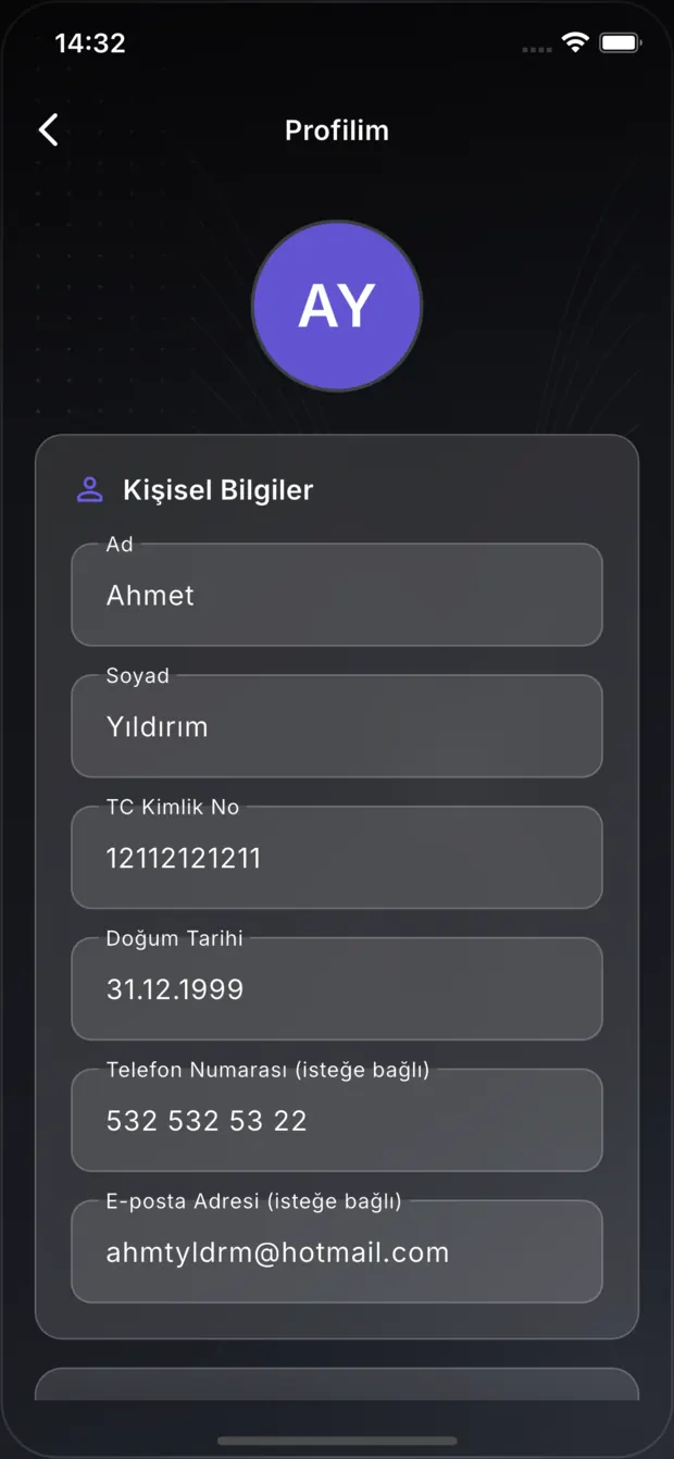 Asistbel profil ekranı: ad, soyad, kimlik numarası, doğum tarihi ve iletişim bilgilerinin yer aldığı kişisel bilgiler formu.